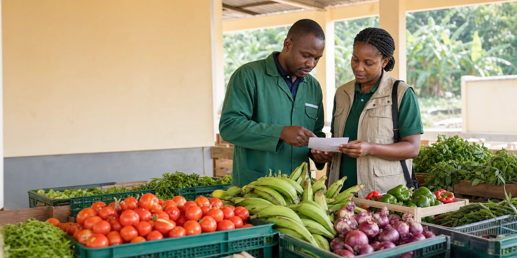 FarmToMarket team inspecting fresh tomatoes, plantain, peppers, and onions at a produce collection point